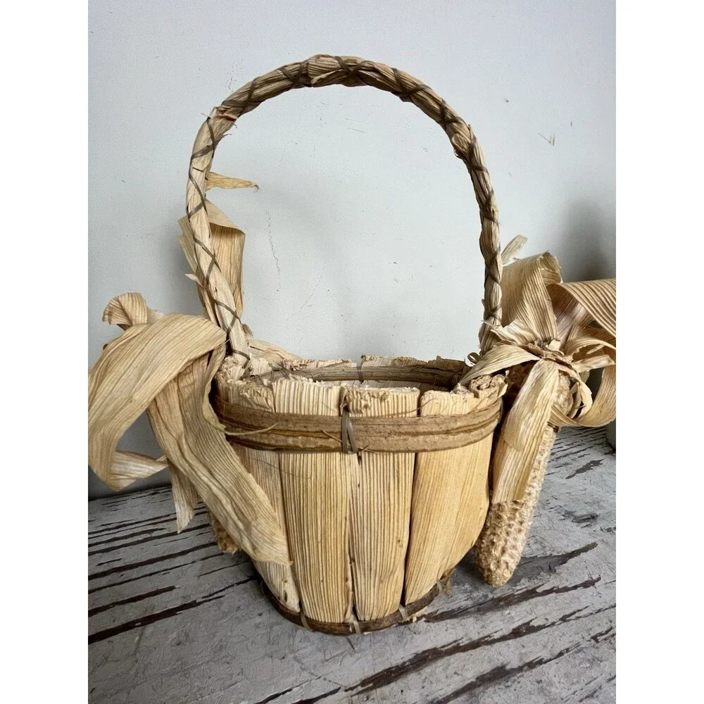 Vintage Rare Rustic Harvest Corn Husk Wicker Basket Primitive Country Decor